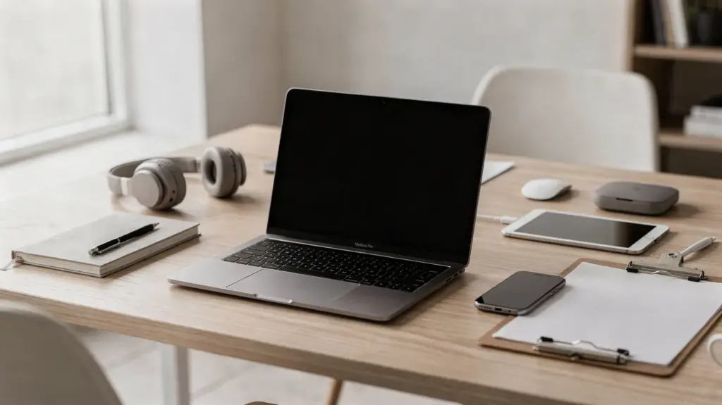 Laptop und Notizbuch auf einem Schreibtisch zum Thema Generative Engine Optimization