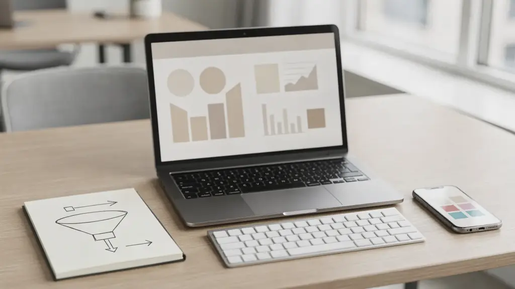 SEO-Arbeitsplatz mit Laptop, Notizbuch und Smartphone zum Thema Suchintention im SEO