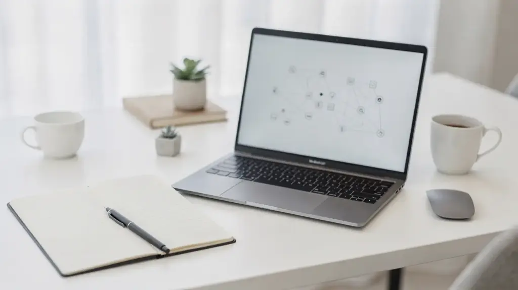 Linkbuilding-SEO-Strategie mit Laptop, Notizbuch und Backlink-Diagramm auf dem Schreibtisch