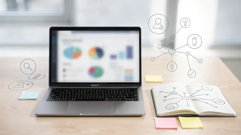 Arbeitsplatz mit Laptop und Netzwerkdiagramm zum Thema Backlinks, GEO und Autorität in der KI-Suche
