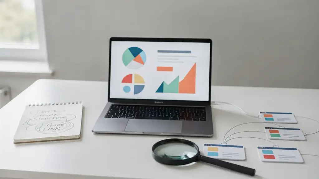 SEO-Arbeitsplatz mit Laptop, Notizblock und Linkstruktur zum Thema Anchor-Text-Backlinks