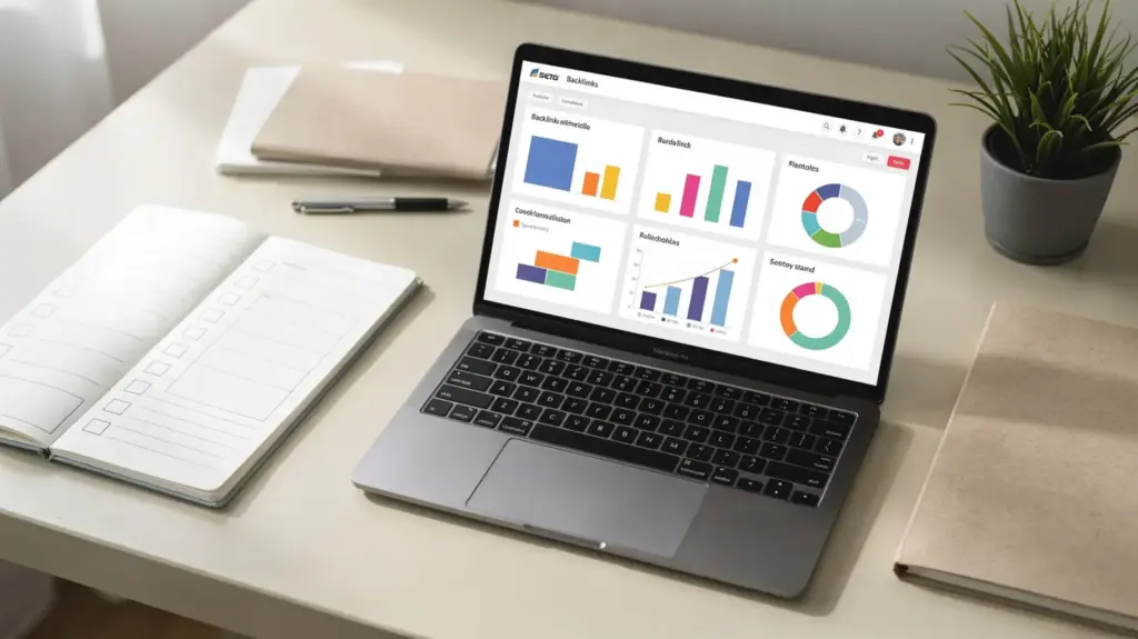 SEO-Arbeitsplatz mit Laptop, Linkbuilding-Checkliste und Backlink-Analyse zum Thema kostenlose Backlink-Quellen