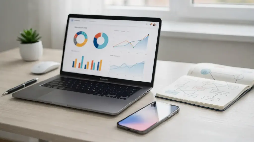 Workspace mit Laptop und SEO-Analysen zu Google-Richtlinien für Backlinks