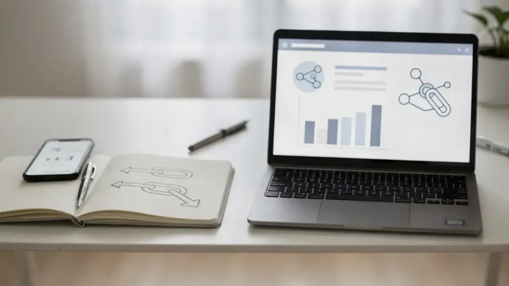 Desktop mit Laptop und Link-Diagrammen zum Thema Nofollow-Backlinks und SEO-Wert