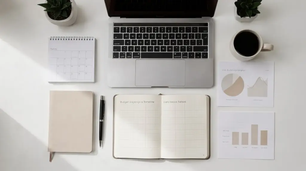 Marketing-Arbeitsplatz mit Laptop, Kalender, Budgetnotizen und Diagrammen zur Planung einer Linkaufbau-Kampagne.